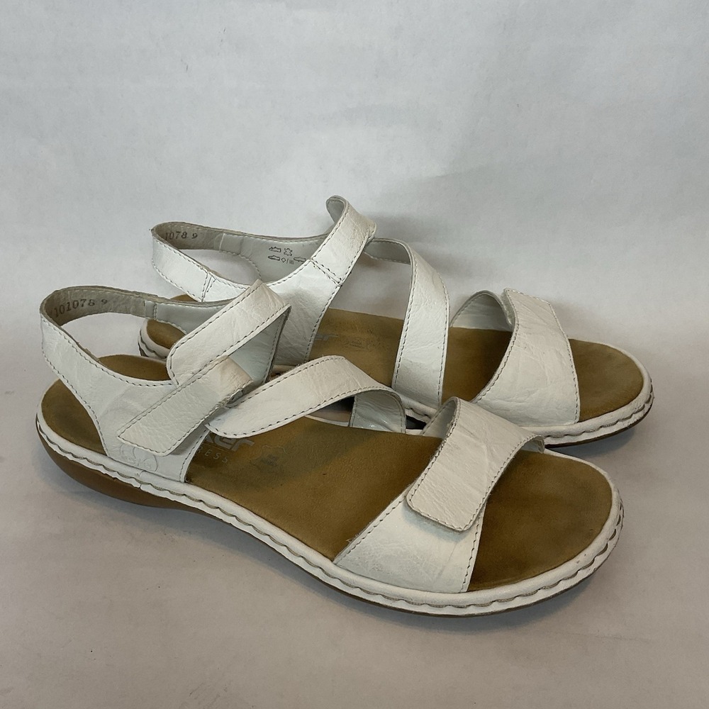 Rieker Women's Regina Hook&Loop Strap Sandals White Leather Size 9(40) Ligthweig